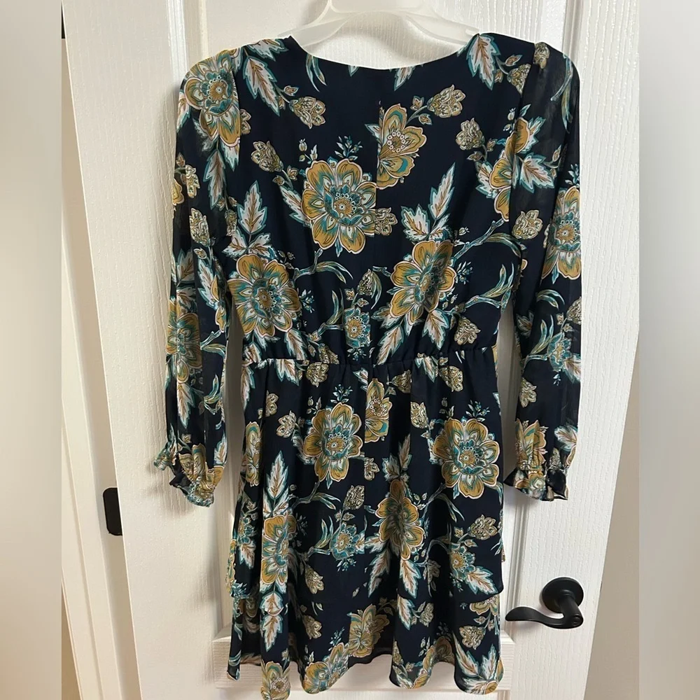 J. Crew Navy Floral Wrap-Style Long-Sleeve Dress